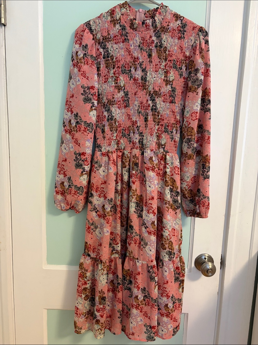 Floral Smocked Pink Midi Dress with Long Sleeves
